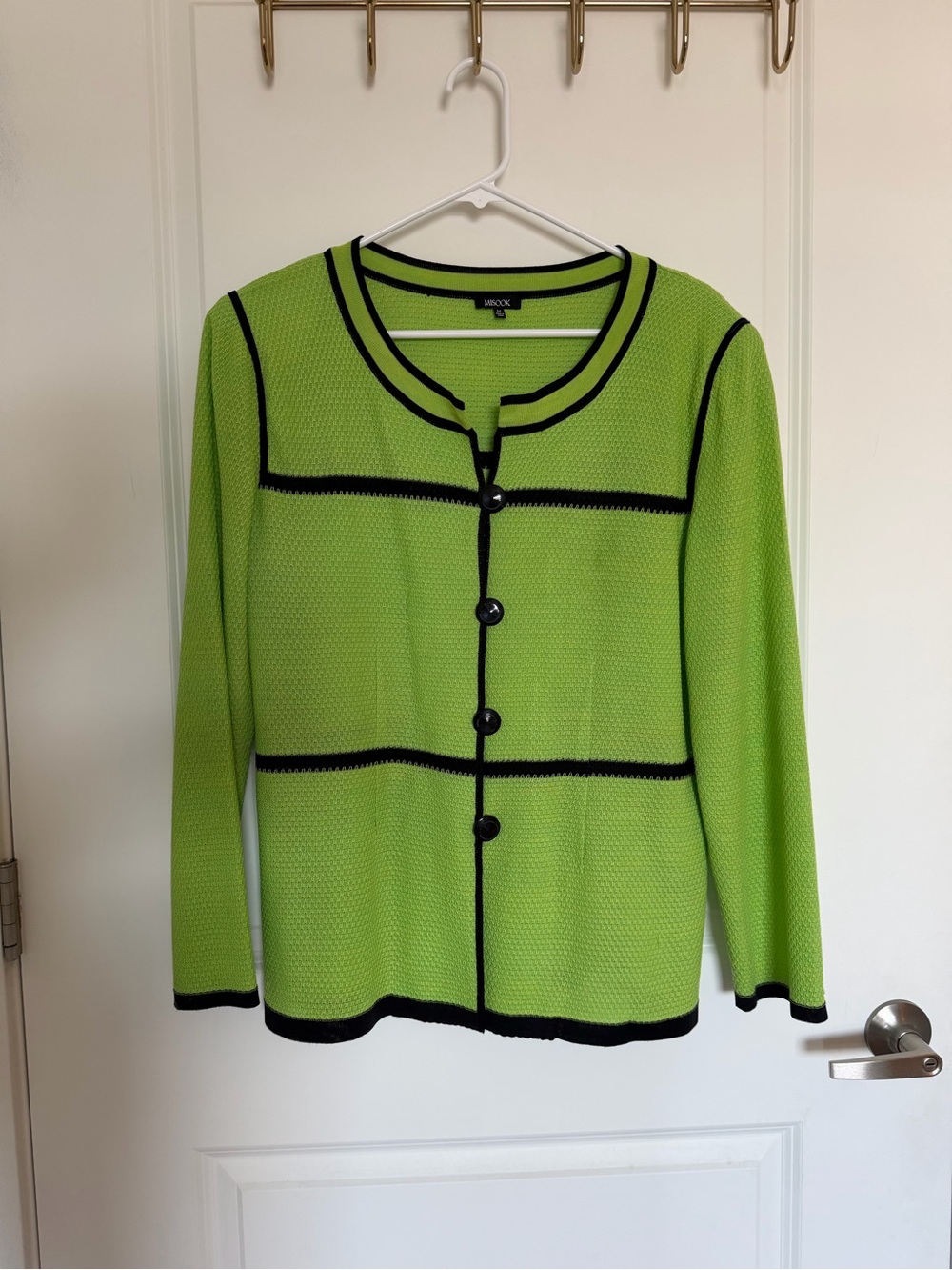 Misook Neon Green & Black Trim Cardigan — Size M